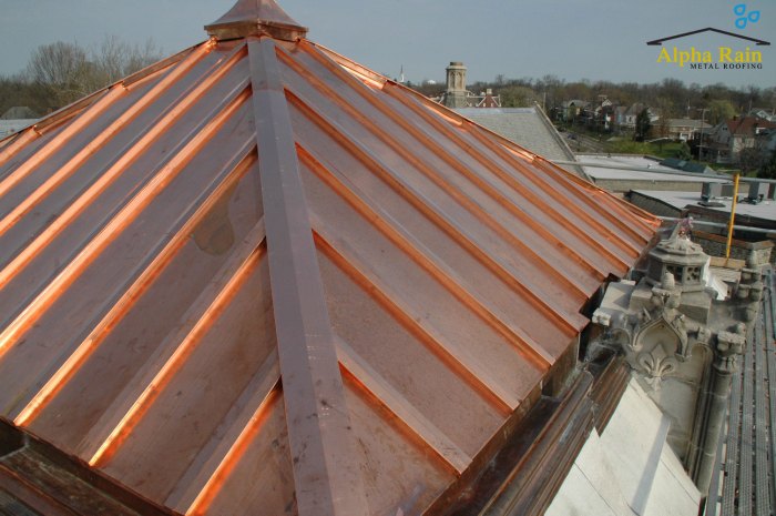 Copper color metal roof panels